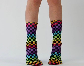 Black Rainbow Checkered Socks, For All Ages, Sublimation, Gender Neutral, Teacher's Gift, Fun Birthday, Colorful, Punk Goth, 80s Style