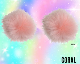 Coral Faux Fur Pom Pom Hair Clips: Rave Space Buns Accessory