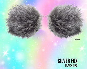 Silver Fox Faux Fur Pom Pom Hair Clips: Rave Cosplay Accessory