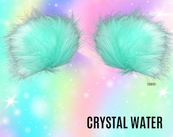 Crystal Water Space Head Earz (Luxury faux fur hair clip, Rave hair clip, Rave accessory, Rave Outfit, Pom Pom Hair Clips, Rave Space Buns