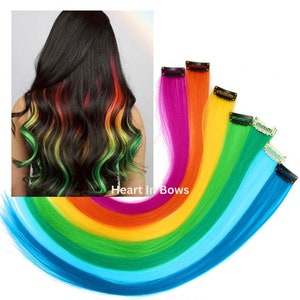 Set of Two Coloured Hair Extensions, Rainbow Clip In, Highlight Streaks, Festival, Pride, Party, One- Clip On Extensions,18In Length, Gifts