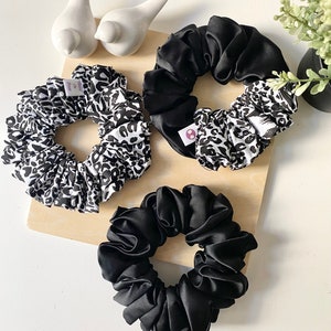 Deep Black & Cheetah Scrunchie, Set of 3, Satin Scrunchie, Black Scrunchie, Animal, XL size, Strong Hold, Scrunchie, Gifts for her, gift Set of Three