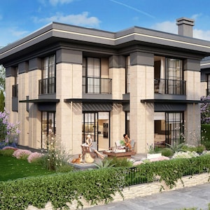 May include: A modern two-story house with a light beige stone facade, dark gray trim, and black framed windows. The house has balconies and is surrounded by lush landscaping, including a green lawn, hedges, and flowering plants. People are relaxing outside.