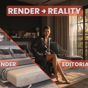 Puede incluir: Imagen conceptual de diseño de interiores con el texto "RENDER -> REALITY". La imagen está dividida diagonalmente, mostrando un diseño de dormitorio renderizado a la izquierda y una foto editorial del mismo diseño a la derecha. Una persona con una bata negra está en la foto editorial.