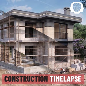 Puede incluir: Una casa moderna de dos pisos en construcción, con andamios y bloques de hormigón visibles. El texto "CONSTRUCTION TIMELAPSE" se muestra en letras rojas en la parte inferior de la imagen. La casa tiene un techo plano y grandes ventanas.