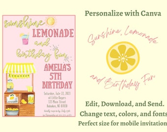 Invito di compleanno Sunshine Lemonade, modello Canva modificabile (stampabile e per dispositivi mobili)