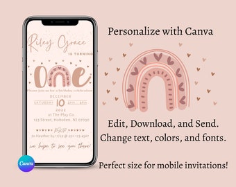 Invito mobile modificabile per il primo compleanno Boho Rainbow / Modello Canva / Invito telefonico