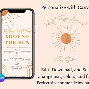 Trip Around the Sun Birthday Invitation | Mobile and Printable Invitation | Thank You Card | Editable Canva Template