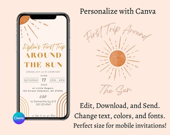 Invito di compleanno "Giro intorno al sole" / Modello Canva modificabile (digitale e stampabile)