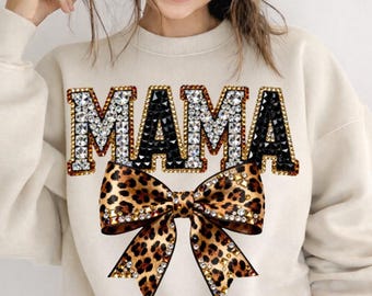 Leopard Mama PNG Coquette Bow Rhinestone Style, Bling Mama Shirt Design, Sparkle Motherhood Sublimation DTF Download