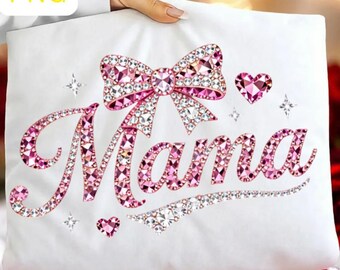 Rhinestone Mama PNG Pink Coquette Bow, Bling Mom Graphic, Mothers Day Sublimation Design, Girly Glam Mama Shirt PNG