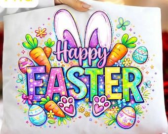 Happy Easter PNG Neon Bunny Ears Colorful Sublimation Design, Cute Egg Hunt Shirt Graphic, Trendy Spring Easter Clipart