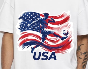Patriotic USA Soccer Player American Flag Graphic Design | US Sports Fan Art | Red White and Blue Football Apparel Design