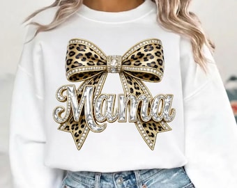 Bling Mama léopard PNG, Coquette noeud strass cristal mosaïque bijou lettres scintillant DTF Design