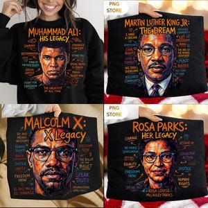 May include: Four black throw pillows featuring portraits of Muhammad Ali, Martin Luther King Jr., Malcolm X, and Rosa Parks. Each pillow has text related to the individual's legacy, including phrases like "Courage," "Freedom," and "Justice."