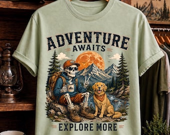 Skeleton Hiking Shirt, Adventure Awaits Graphic Tee Camping with Dog T-Shirt, Explore More Retro Design, Nature Lover Outdoor Gift,Stay Wild