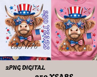 Patriotic Highland Cow PNG – 4th of July Sublimation Design, American Flag Cow Graphic, USA 250th Anniversary Digital Download