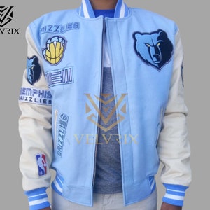 NBA Memphis Grizzlies Varsity Jacket | Wool and Leather Varsity Jacket | Custom Letterman Jacket | Light Blue And White Varsity Jacket