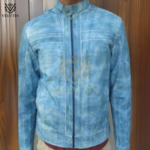 Genuine Blue Leather Jacket | Motorcycle Jacket | Real Leather Jacket | Fashion Jacket | Men Leather Jacket | Sky Blue Leather Jacket