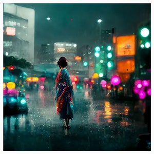 Instant Printable Download - Japanese woman wearing a kimono crossing the street in Tokyo in the rain, original square wall art digital