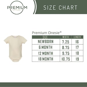 May include: Size chart for a baby onesie. The chart shows the width and length in inches for sizes newborn, 6 months, 12 months, and 18 months.