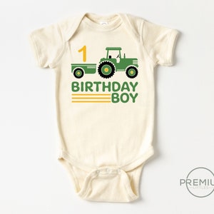 Boy 1st Birthday Tractor Onesie® | 100% Premium Cotton | Natural Color | Available in SS Onesie®, LS Onesie® and Toddler Shirt