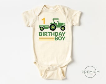 Boy 1st Birthday Tractor Onesie® | 100% Premium Cotton | Natural Color | Available in SS Onesie®, LS Onesie® and Toddler Shirt