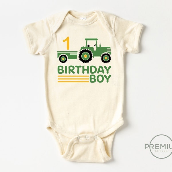 Boy 1st Birthday Tractor Onesie® - Boy Farm Birthday Shirt - Natural Bodysuit