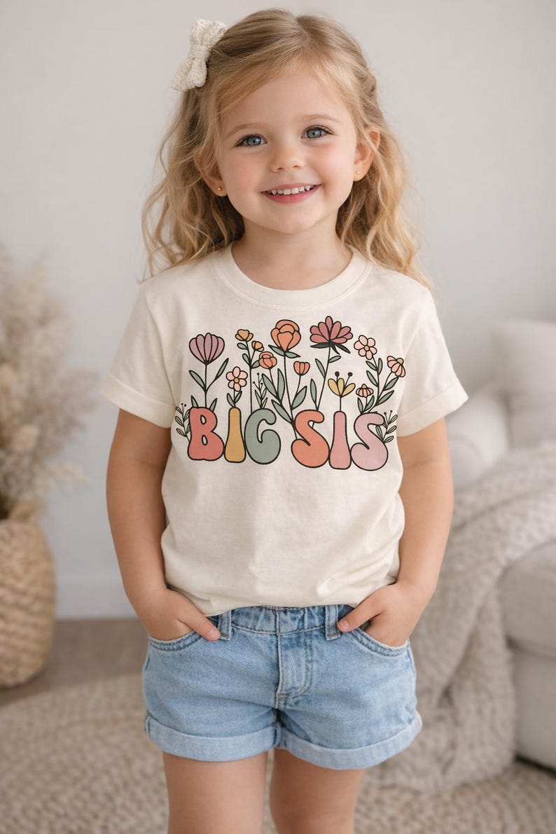 Big Sis Floral Shirt | Big Sister T-Shirt | Toddler & Baby Onesie | Retro Flower Tee | Baby Announcement Gift | 100% Premium Cotton image 4