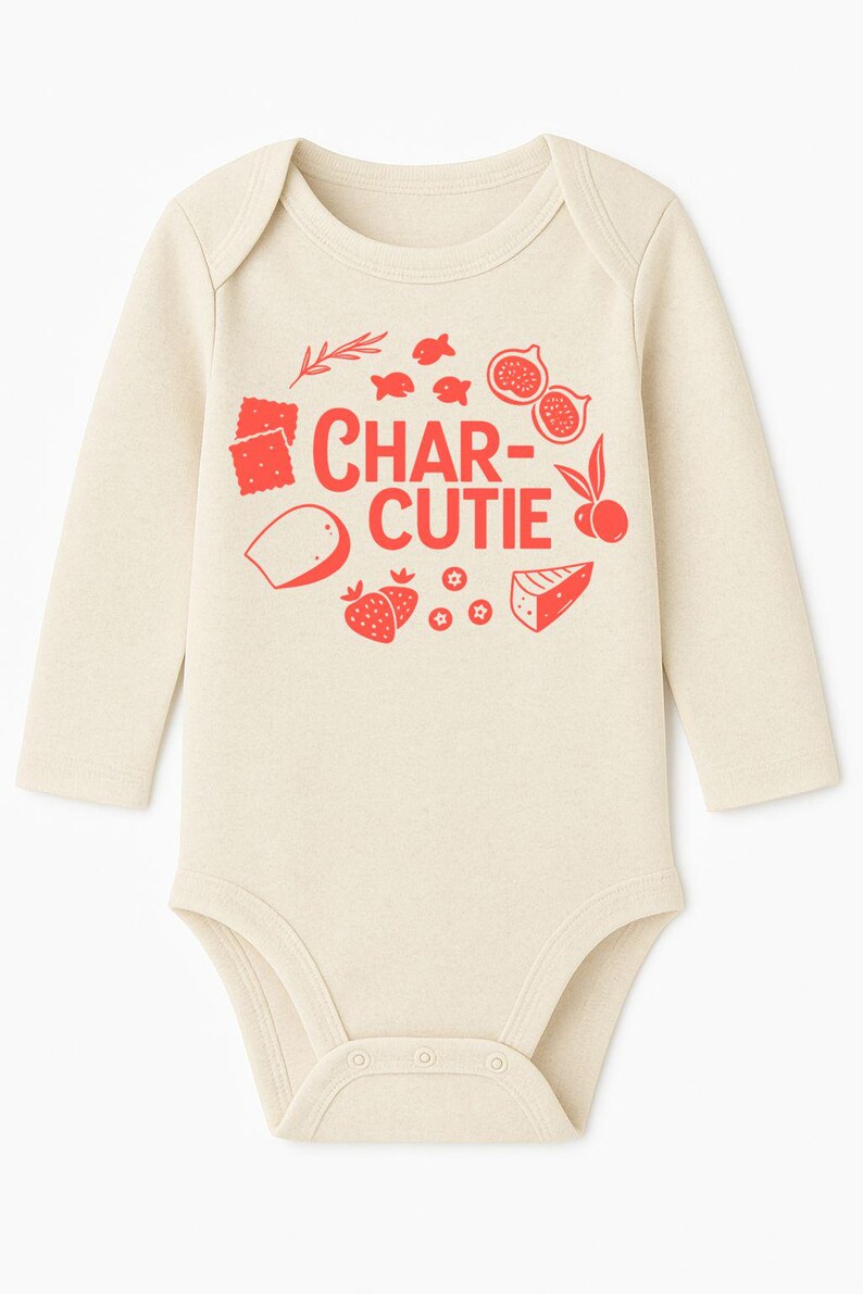 May include: Cream-colored baby bodysuit with long sleeves. The front features a red graphic of the words "CHAR-CUTIE" surrounded by illustrations of crackers, cheese, strawberries, figs, and olives. A cute and playful design for a baby.