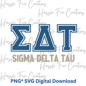 Puede incluir: Una descarga digital de un diseño gráfico con las letras "ΣΔΤ" en azul con contornos blancos, y las palabras "SIGMA DELTA TAU" en marrón debajo. Las letras están en una fuente de estilo universitario.