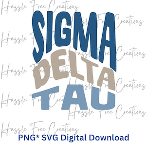 Puede incluir: Un diseño de descarga digital con el texto "SIGMA DELTA TAU" en letras azules y marrones. El texto está en una fuente en negrita y estilizada.