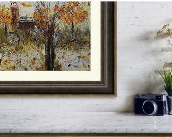 Late Autumn Fine Art Print, Fall Leaves, Tree Falling Leaves, Barn Farm Painting