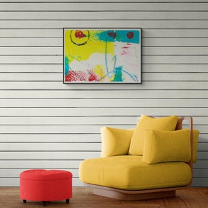 Abstrakte Wandkunst, Gelb, Blau, Rot, Funky abstrakte Wandkunst, mutige abstrakte Kunst, moderne zeitgenössische Kunst für Ihre Wände, Discus-Schule Nr. 4