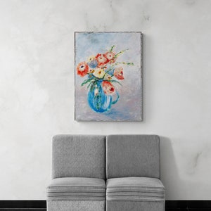 Floral Wall Art, Red Flower Art Print, Blue Vase and Flowers Wall Art, Flower Bouquet Wall Art