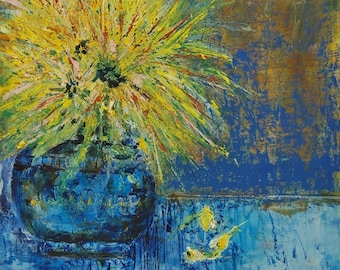 Abstract Floral Art: Vibrant Blue and Yellow Mixed Media Painting