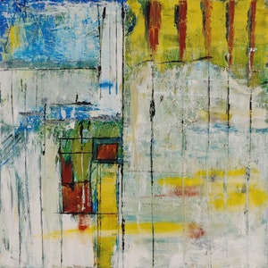 Swift&#39;s Landing Abstracted Painting on Board, Floater Frame, Oil, Cold Wax, Red, Yellow, Green, Blue, Square Painting on Wood