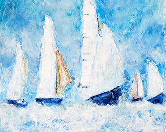 Bluster Sailboat Race Original Art, Impressionistic Nautical Wall Decor on Cradled Board, 18x24x2, Wall Decor