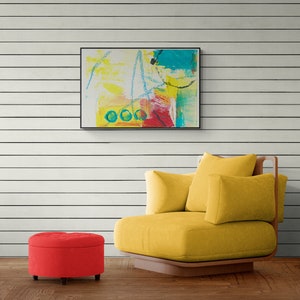 Abstrakte Wandkunst, Gelb, Blau, Rot, Funky abstrakte Wandkunst, mutige abstrakte Kunst, moderne zeitgenössische Kunst für Ihre Wände, Diskusschule Nr. 2