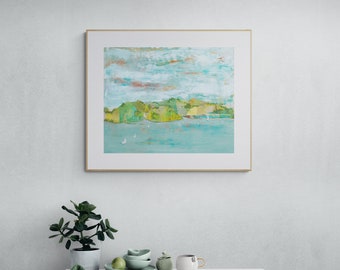 Abstract lake, water wall art, hills, mountains green blue, fine art print