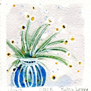 Mini 7" Framed Watercolor – “Spring Pot” Original Still Life – 2.5" Art – Blue Striped Pot & White Flowers – Matted – Shelf, Wall - Decor