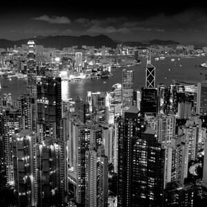 Hong Kong Skyline Black and White at Sunset - Victoria Peak - Travel Wall Art - Asia
