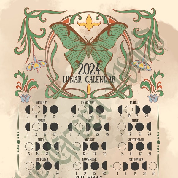 Lunar Calendar 2024 - Art Nouveau Lunamoth Grimoire Book of Shadows Moon Cycle Phases