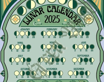 Lunar Calendar 2025 - Art Deco Grimoire Book of Shadows Moon Cycle Phases