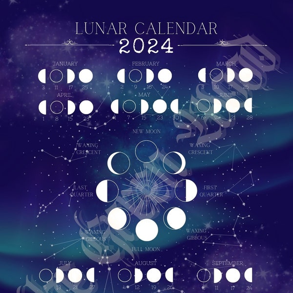 Lunar Calendar 2024 - Celestial Theme Grimoire Book of Shadows Moon Cycle Phases
