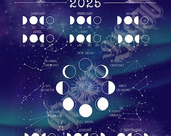 Lunar Calendar 2025 - Celestial Theme Grimoire Book of Shadows Moon Cycle Phases