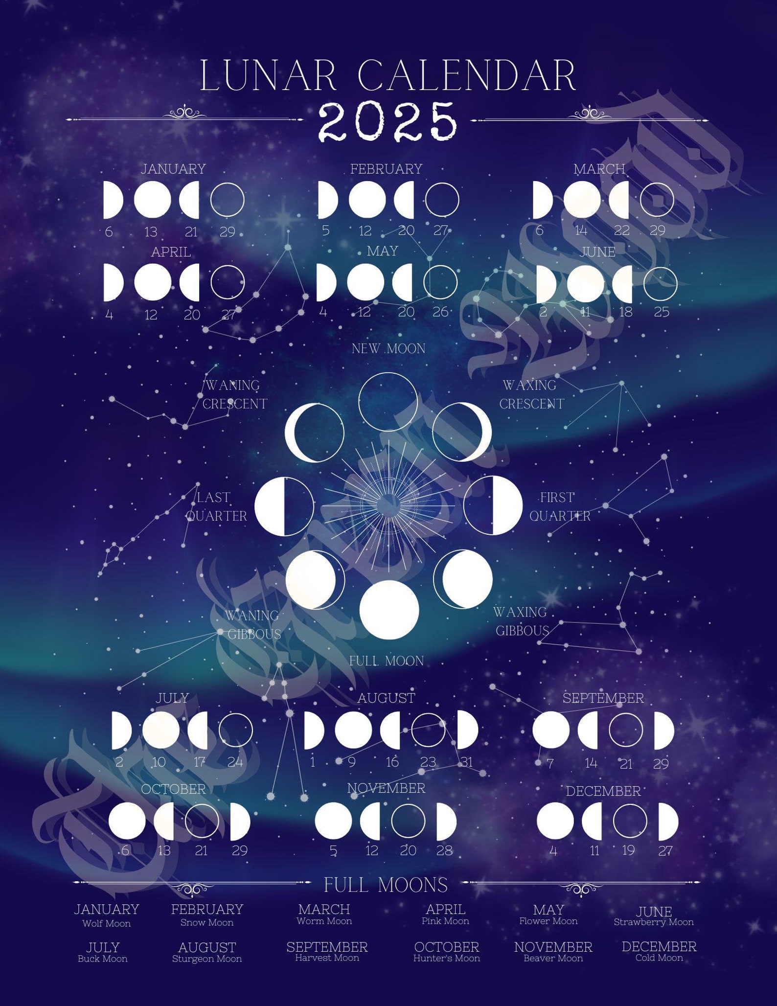 Lunar Calendar 2025 Celestial Theme Grimoire Book of Shadows Moon Cycle