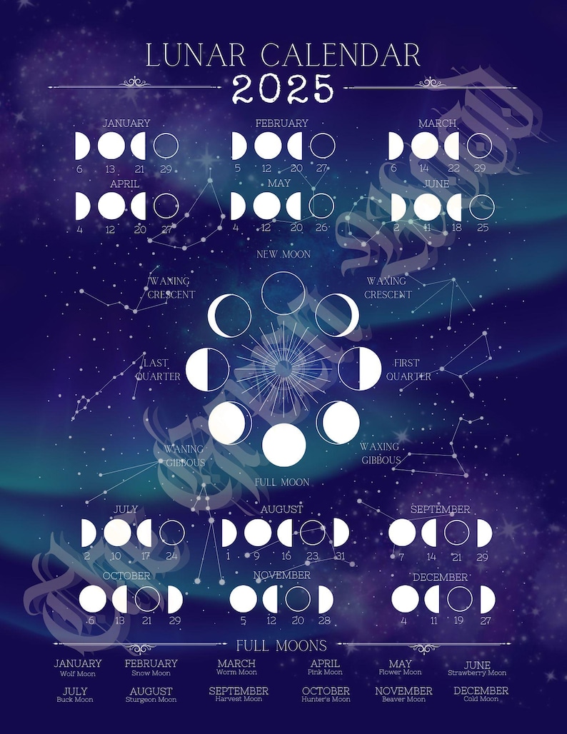 Lunar Calendar 2025 Celestial Theme Grimoire Book of Shadows Moon Cycle
