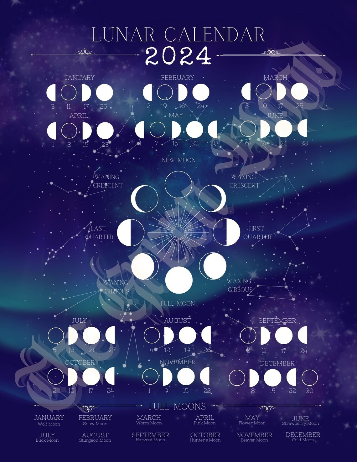 Lunar Calendar 2024 Celestial Theme Grimoire Book of Shadows Moon Cycle