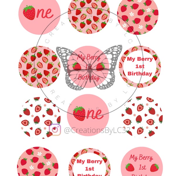 My berry birthday, One berry birthday, digital cupcake toppers, berry first toppers, digital party favors